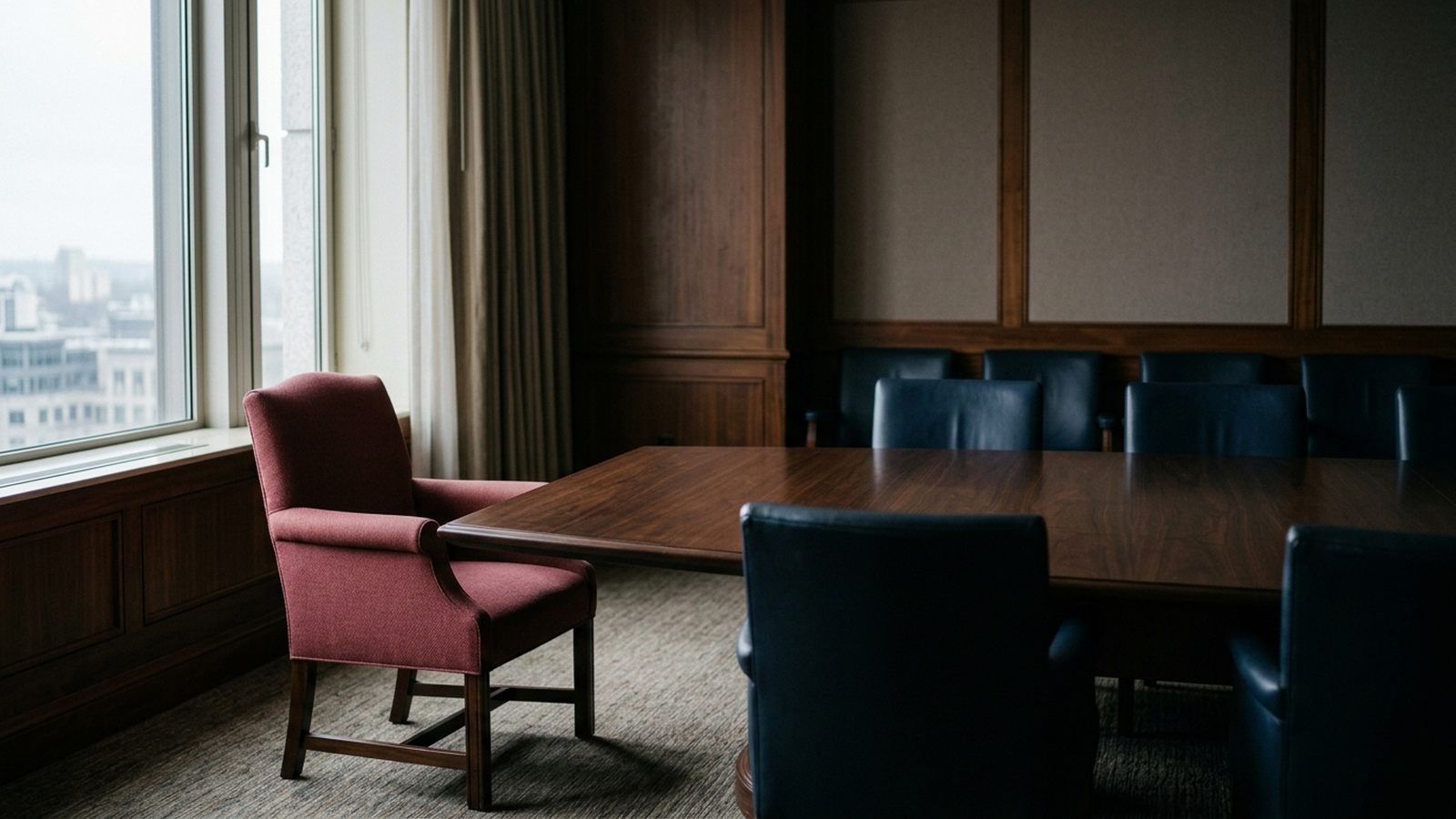 A single empty chair at a boardroom table beside a window