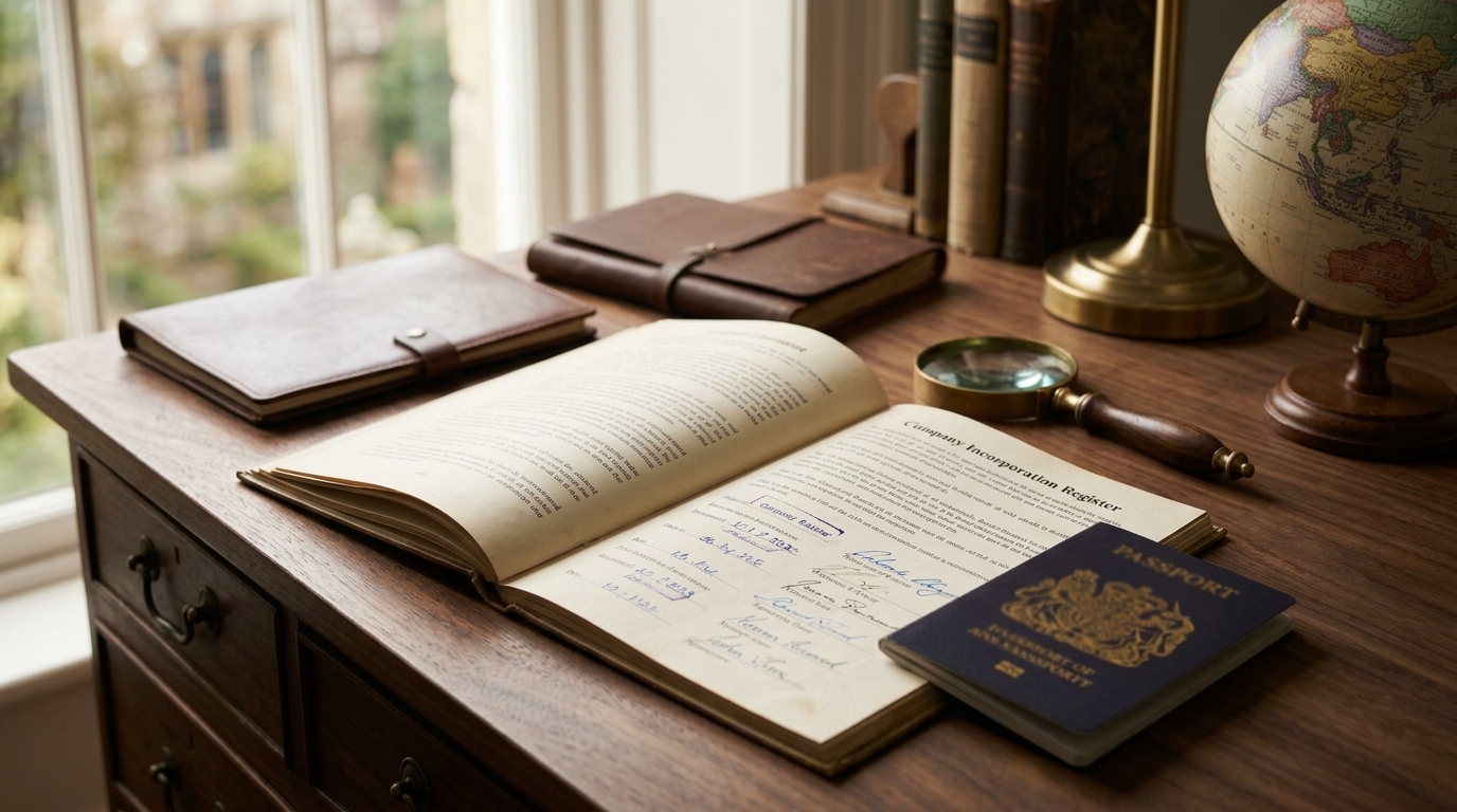 A Labuan company incorporation register open on a desk beside a passport and globe, representing 100% foreign ownership of a Labuan company