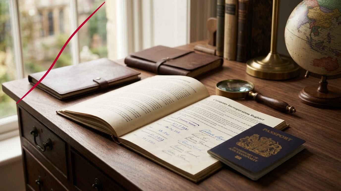 A Labuan company incorporation register open on a desk beside a passport and globe, representing 100% foreign ownership of a Labuan company